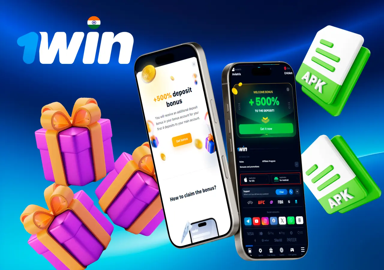 1Win mobile app promotion with 500% deposit bonus and gift box illustration