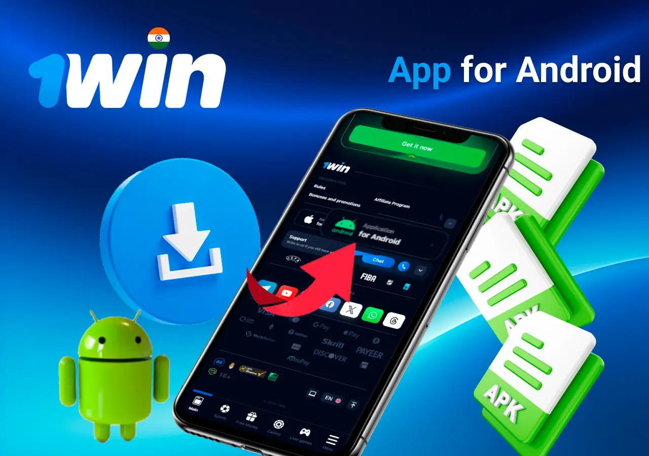 App for Android download process with APK file icons and Android mascot