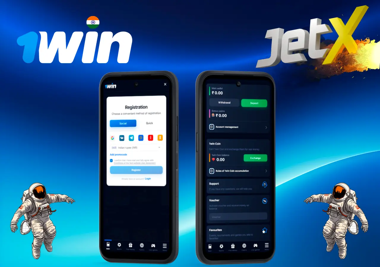 Registration screen and account management options in the 1Win app for JetX