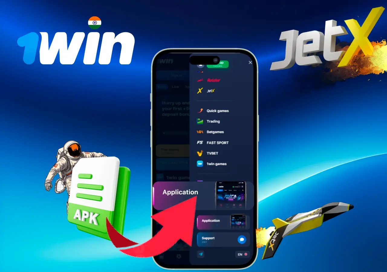 JetX game displayed on a mobile screen in the app with download options