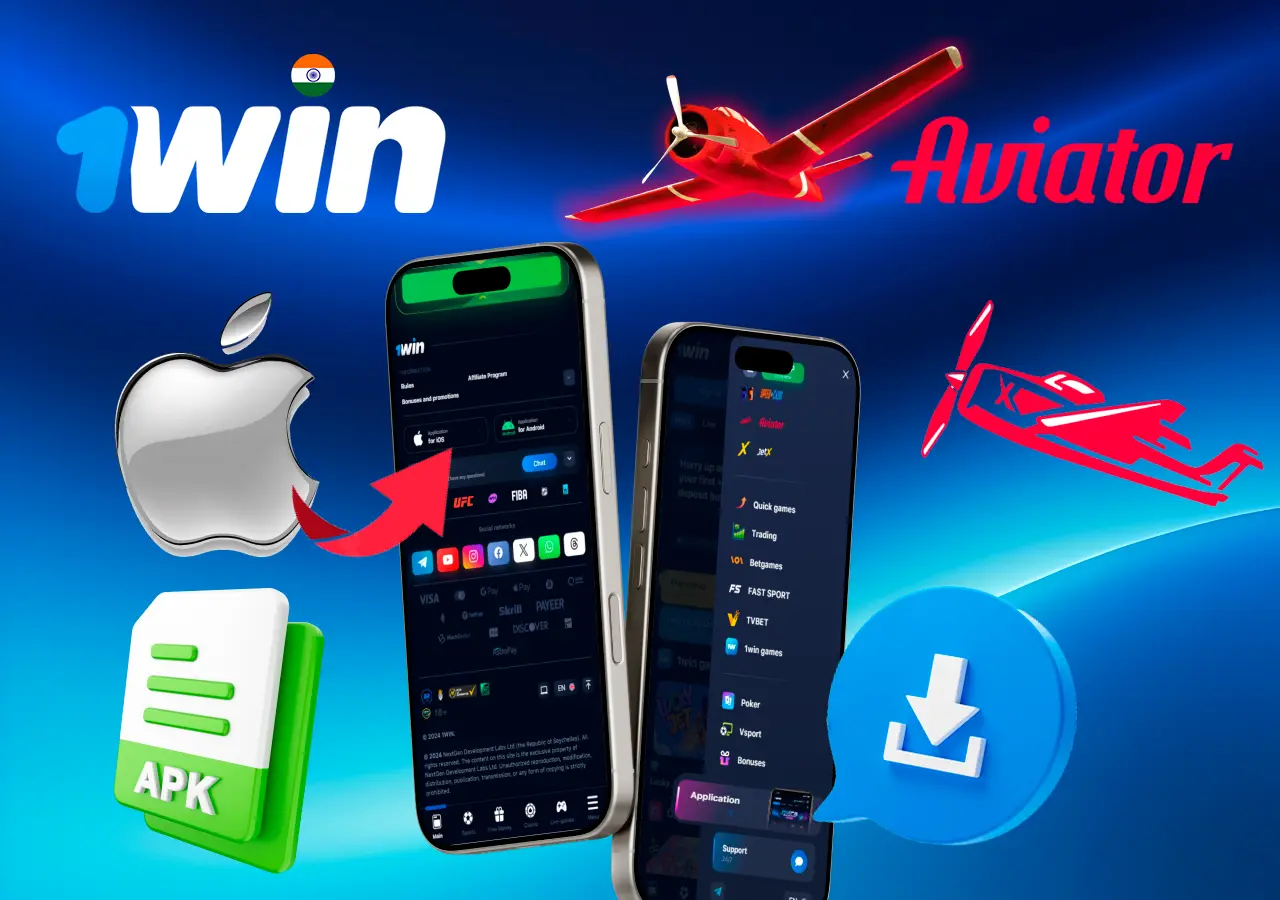 aviator game shown on mobile with download icons for Apple and Android